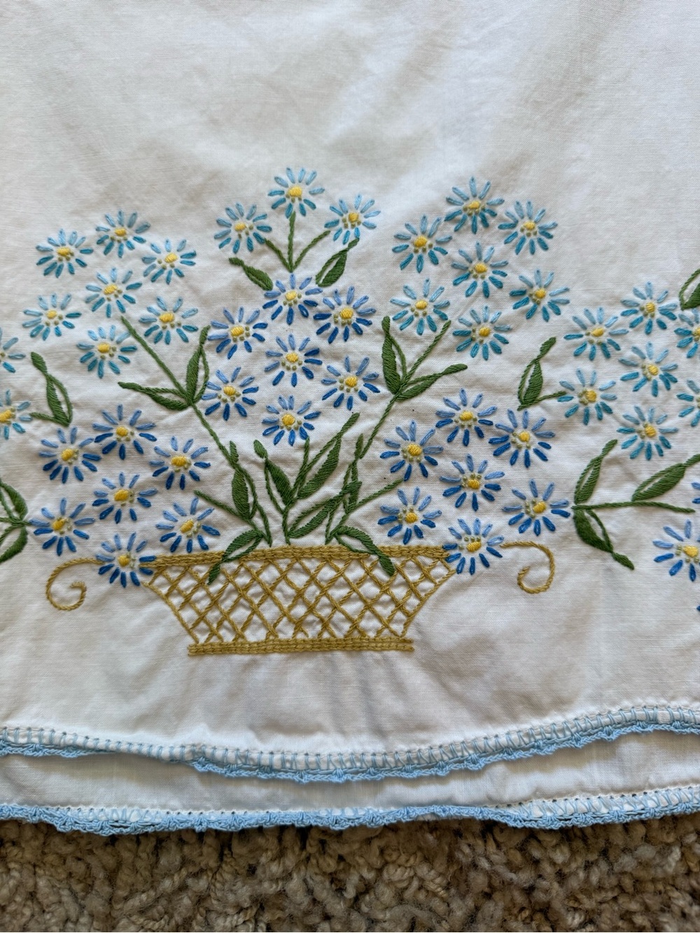 VTG Pair Embroidered Pillowcases Blue Flower Basket Cottagecore Crochet Edge - Picture 9 of 15